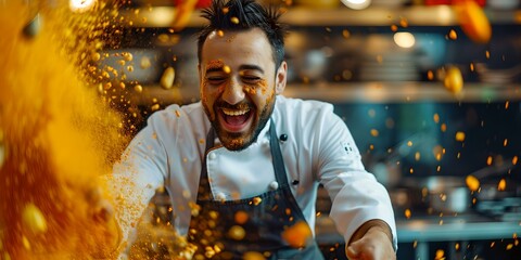 Joyful chef cooking with flames in a professional kitchen. dynamic image capturing the excitement of culinary arts. perfect for culinary blogs and ads. AI - obrazy, fototapety, plakaty
