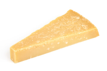 Parmesan cheese triangle, hard cheese, isolated on white background.