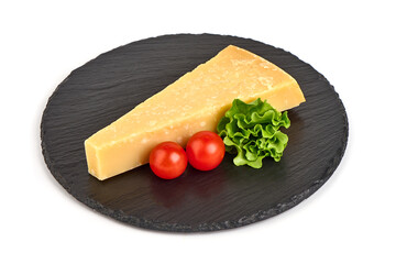 Parmigiano Reggiano cheese, isolated on white background.