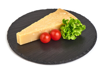 Parmigiano Reggiano cheese, isolated on white background.