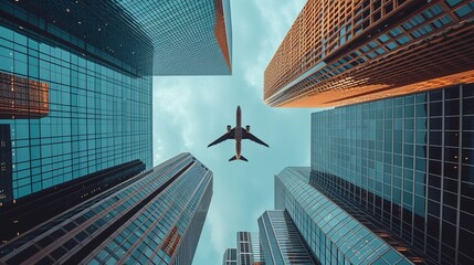 bottom view of a plane flying in the sky over skyscrapers, generative ai