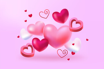 3D hearts. Happy Valentine's Day. Vector modern illustration. Pink color. Banner design
