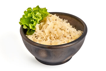 Fresh Sauerkraut from white Cabbage isolated on white Background.