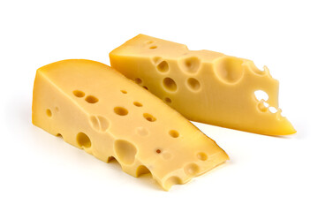 Maasdam cheese triangle, isolated on white background. High resolution image.