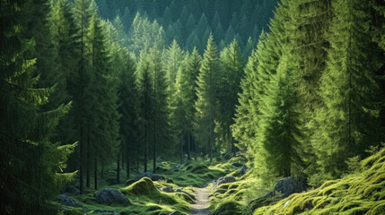 Fantastic green forest in the Carpathians, Ukraine . - obrazy, fototapety, plakaty