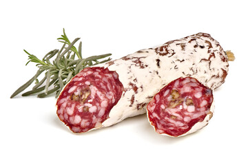 Cured salami sausage, Italian cuisine, isolated on white background.