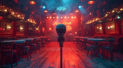 Empty stage at a cozy music venue with ambient lights. waiting for a performance. intimate concert setting. ideal for event promotions. AI