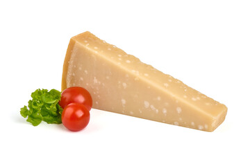 Parmesan cheese triangle, hard cheese, isolated on white background.