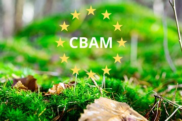 European carbon tariff regulation. Carbon Border Adjustment Mechanism (CBAM). CO2 Reduction Concept - obrazy, fototapety, plakaty