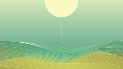 A serene abstract landscape in green and yellow tones with waves of lines.