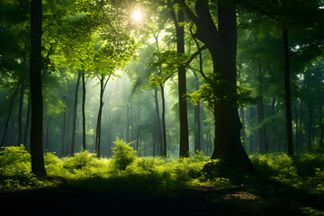 Fototapeta na wymiar Lush green forest with sunlight filtering through background