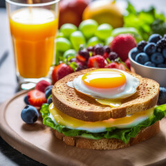 Top view of a nutritious breakfast with eggs on a board - obrazy, fototapety, plakaty