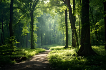 Lush green forest with sunlight filtering through background - Powered by Adobe