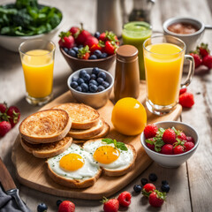 An aerial perspective reveals a hearty breakfast complemented by an array of fruits arranged on a board.
