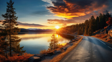 Sunset over a lake in the mountains. Beautiful summer landscape .