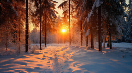 Sunset in the winter forest. Beautiful winter landscape with snowy trees .