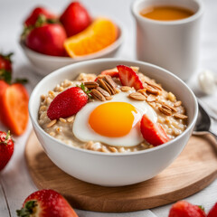 Top view of a nutritious breakfast with eggs on top of a bowl of oat on a board