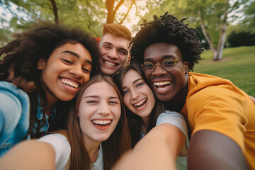 A group of happy, diverse teenagers is posing for a cheerful selfie outdoors, with a backdrop of greenery, all sharing genuine smiles.