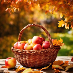 Apples in a basket in the garden in autumn. 
