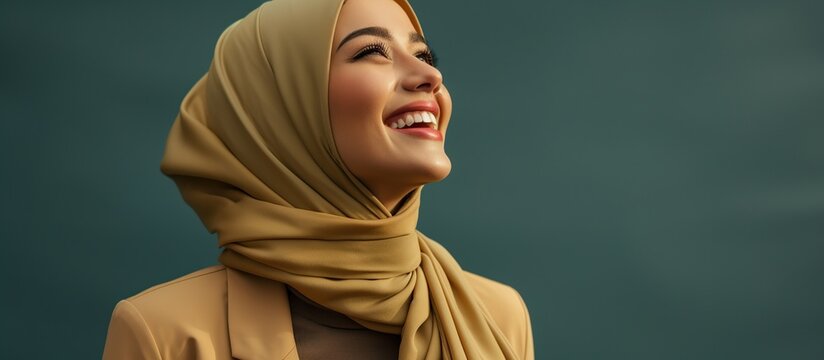 Photoshoot of a muslim hijab woman in dynamic shot happy and positive for modest trendy arab women fashion. With copy sapce area.