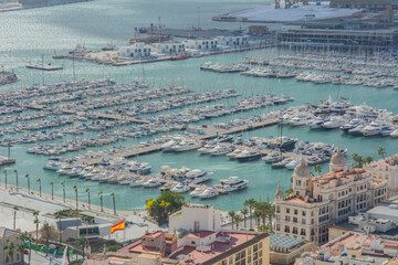 View of the Port of Alicante seaport on the Mediterranean Sea from the Castle of Santa Barbara in Alicante, Spain