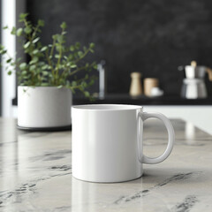 Obraz na płótnie Canvas Mug mockup. Mug with a blank surface. Mock image of a mug and a kitchen background