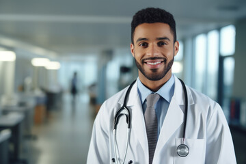 A young male doctor wearing a white coat and stethoscope has a reassuring smile. A hospital and clinic environment with medical equipment visible in the background that reflects trust and professional