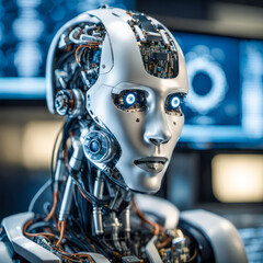 close up of an humanoid robot showing the artificial intelligence power