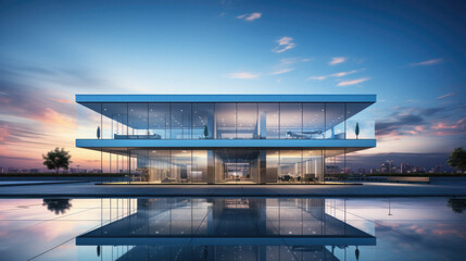 Of modern building with reflection in water at sunset . - obrazy, fototapety, plakaty