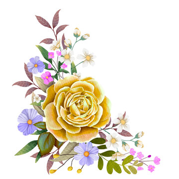 Watercolor bouquet of gold roses  and flowers