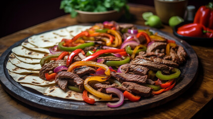 Steak fajitas with bell peppers and onions