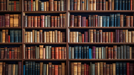 Bookshelves in the library. Library bookshelf background . - obrazy, fototapety, plakaty