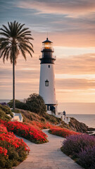 a majestic lighthouse at dusk with a palm tree and colorful flowers around, also a pavers walkway and a beautiful sky in the background.
