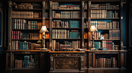Old bookshelf with old books in the library. Vintage style .