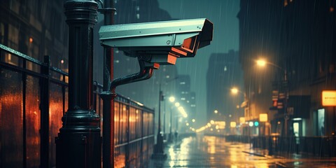 Surveillance Security Camera or CCTV in city street at night. Surveillance and security concept