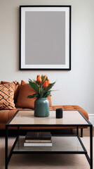 Interior of modern living room with scandinavian design, orange sofa, coffee table and black mock up poster frame