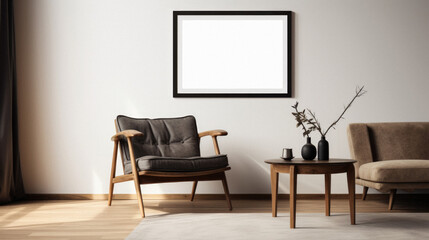 Living room interior with armchair, coffee table and mock up poster frame.  Rendering