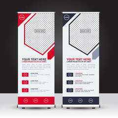 Roll Up Banner template with the option either red or dark cobalt blue color, standing banner design, advertisement, flyer and display. Vector Design.
