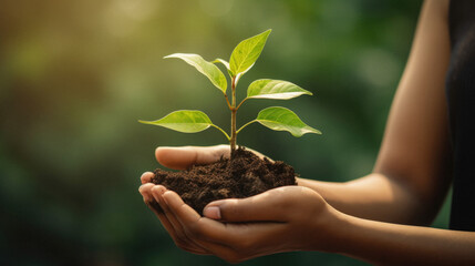 Human hands holding young plant with soil on nature background. Ecology concept