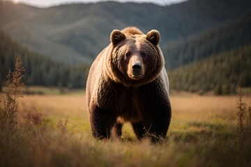 Fototapeta premium A majestic Big Brown bear stands prominently against the wild backdrop, its imposing presence and natural elegance symbolizing the untamed spirit of wildlife.