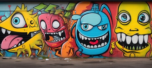 Abstract colorful fragment of graffiti paintings on wall, cartoon design, funny face and alien things,