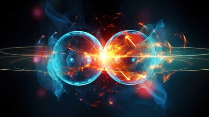 Obraz premium Scientific concept of depicting the fusion of two atoms. Sci-fi background. Quantum physics. Generative AI