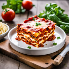 close up view of a nutritious and well-cooked lasagna on the table 