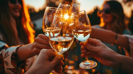 A clique of female friends cheers with glasses of white wine during sunset. Close-up. - obrazy, fototapety, plakaty