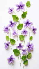 Violet flowers and green leaves on white background. Flat lay, top view .