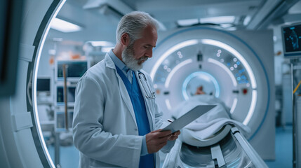 Fototapeta premium A doctor works in a hospital of the future with high-tech medical equipment, A Doctor Reviewing the Results of a PET Scan