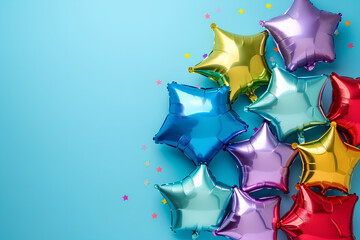 Elevate the superhero-themed birthday celebration with star-shaped, colorful foil balloons arranged on a pastel blue background.