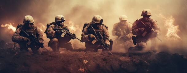 Soldiers from the Military Special Forces navigating through a destroyed war zone. - obrazy, fototapety, plakaty