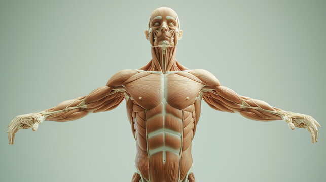 human anatomy. Muscles, bone structure, arteries. On a simple studio background