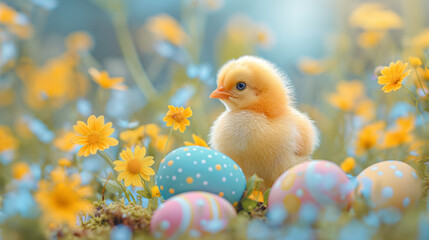 Cozy composition with a cute and funny little yellow chicken and painted colorful Easter eggs on a blurred floral background. Beautiful spring card